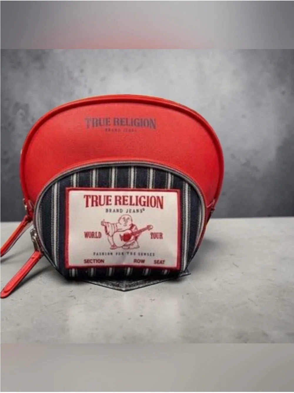 True Religion Red and Navy Striped Mini Cometic Pouch with Logo Patch